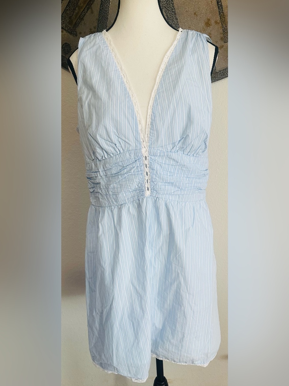 Light Blue Striped Lace-Trim Dress